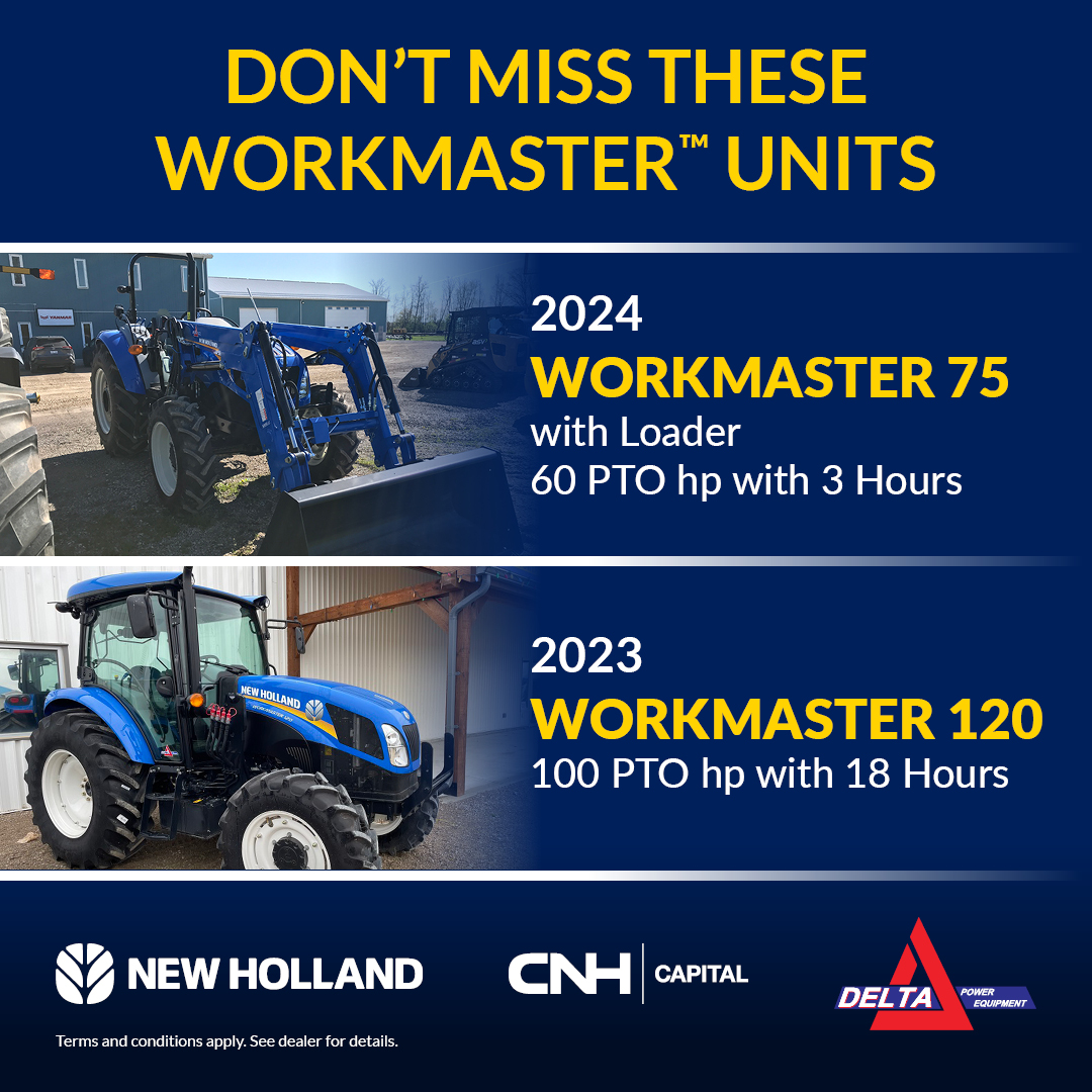DeltaPowerEquip's tweet photo. Raise your efficiency in your ideal environment on a New Holland WORKMASTER™ Utility tractor. Whether you want a true flat-deck open ROPS model or a climate-controlled cab, you’ll also get up to C$21.5K cash back or 0% for 72 mo. + up to C$8K cash back.  https://t.co/jwOEvCKU5e https://t.co/rC35yEq6oU