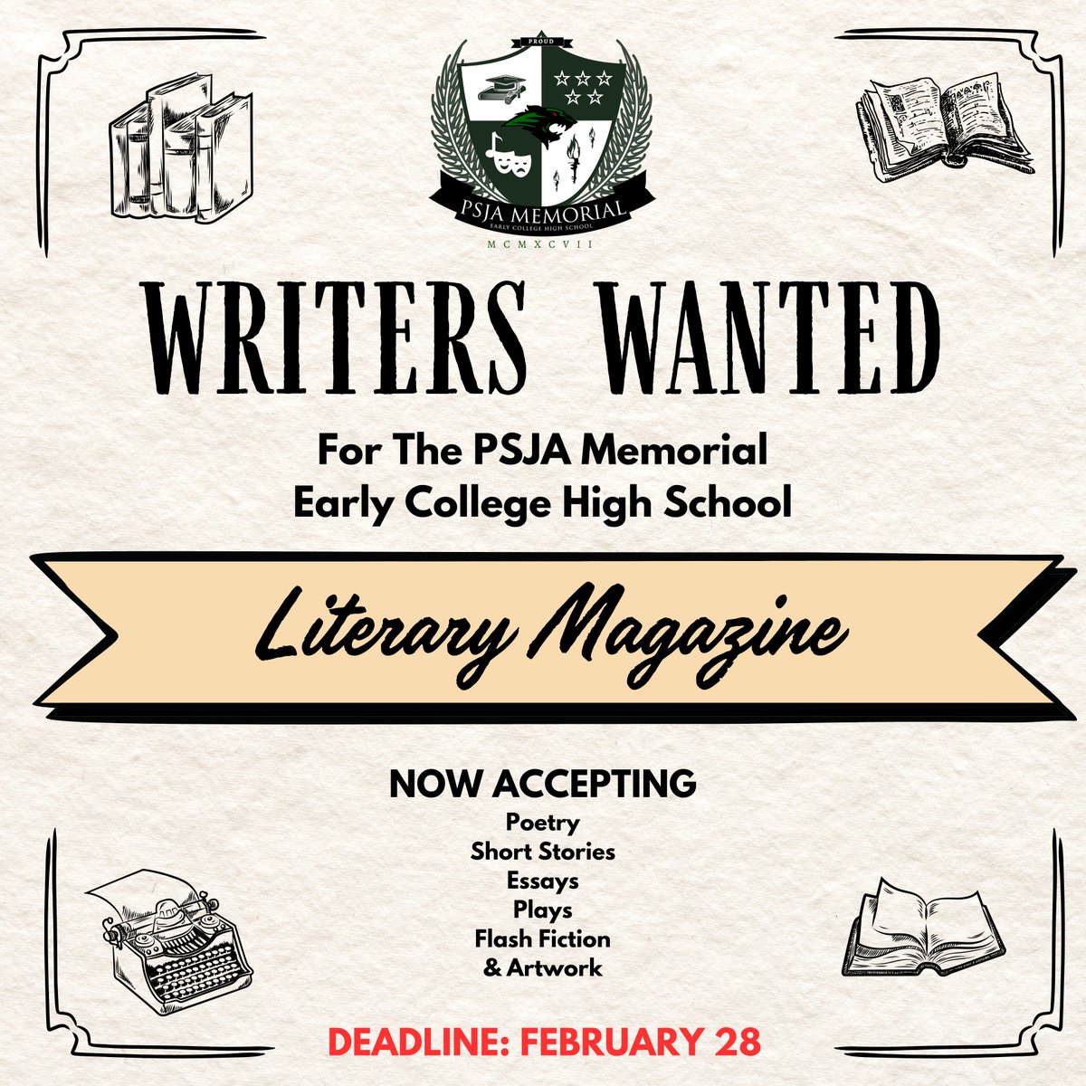 📢 Attention Wolverines and feeder school students! 
Our new Literary Magazine is accepting submissions from all grades. Send us your poetry, stories, essays, plays, flash fiction, or artwork. 

Deadline: FEB 28

Become a published author! Submit here 👉forms.gle/V1K1cJmg3g4WFw…