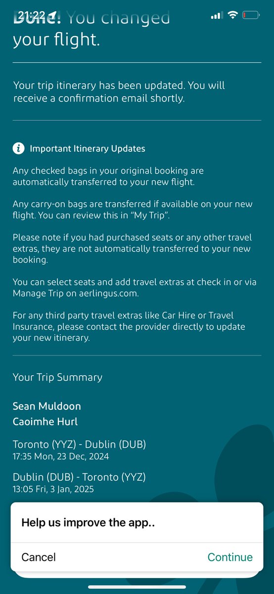 Sean_Doon's tweet photo. @AerLingus The customer service from your support team has been horrendous. We contacted numerous times. We changed our return flight on the 10th Oct, from Wed 1st Jan to Friday 3rd January.

I got confirmation the change was made on the app as per attached.

See thread (1/3) https://t.co/6FNGLcXkWK