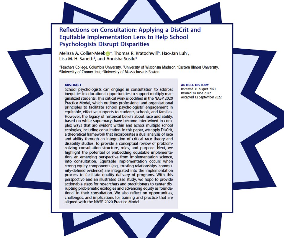 Did you know that we select a JEPC article of the year? Last year, this article won!

Collier-Meek et al. (2023) Reflections on consultation: Applying a discrit and equitable implementation lens to help school psychologists disrupt disparities
doi.org/10.1080/104744…