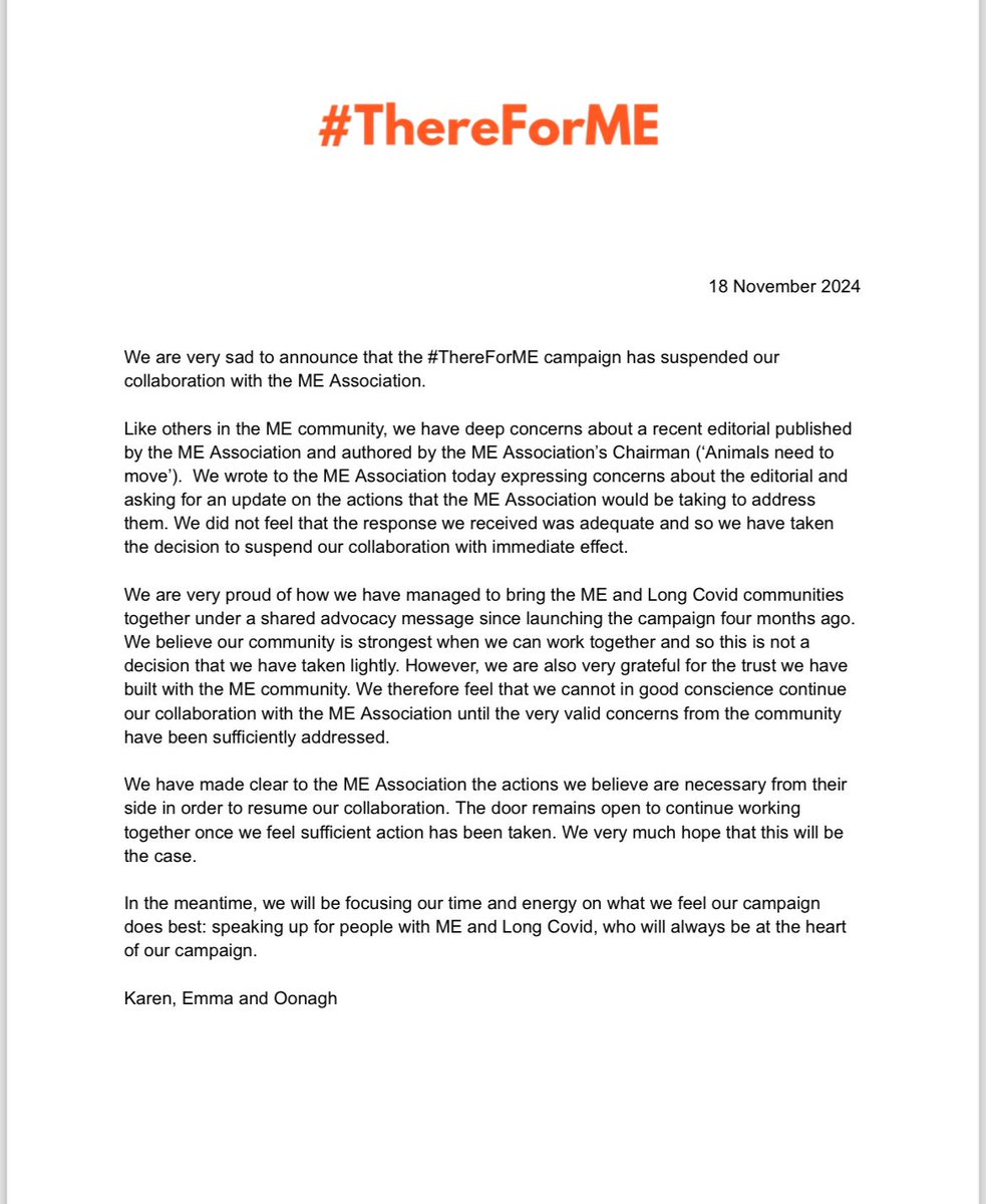 We are sad to announce that #ThereForME has suspended our collaboration with the ME Association. We feel that concerns from the community must be heard. The door remains open to continue our collaboration once action is taken and concerns addressed.

More here 👇 (alt text below)