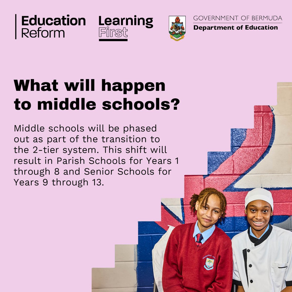 learning1stbda's tweet photo. 🏫 Big changes are coming for middle schools under the 3-2 Tier Plan. Find out how students will transition and what’s planned for schools like Sandys Secondary. Read the flyer below and check out our FAQs on the https://t.co/LKNRj2faPq website. #educationreform #bermudaeducation https://t.co/WUQGMT5Jba