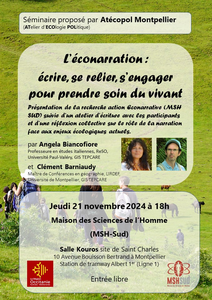 Pour ATECOPOL Montpellier nous allons animer un atelier d'éconarration,
vous êtes toutes et tous invité.e.s!!!
C'est jeudi 21 novembre à 18h à Saint Charles