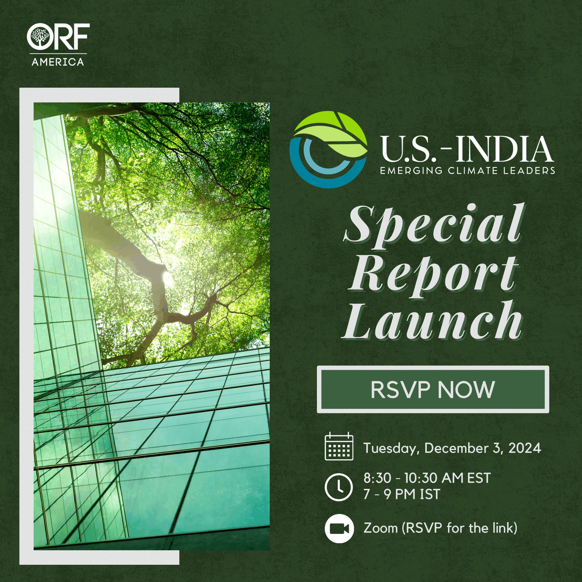 Join <a href="/ORFAmerica/">ORF America</a> for the virtual launch of the U.S.-India #Emerging #Climate #Leaders Special Report, a collaborative project that tackles the pressing challenges and opportunities in 🇺🇸-🇮🇳 #climate action. 

🗓️ Tuesday, December 3, 2024
⏰ 8:30-10:30 AM EST | 7-9 PM IST

🔗 to
