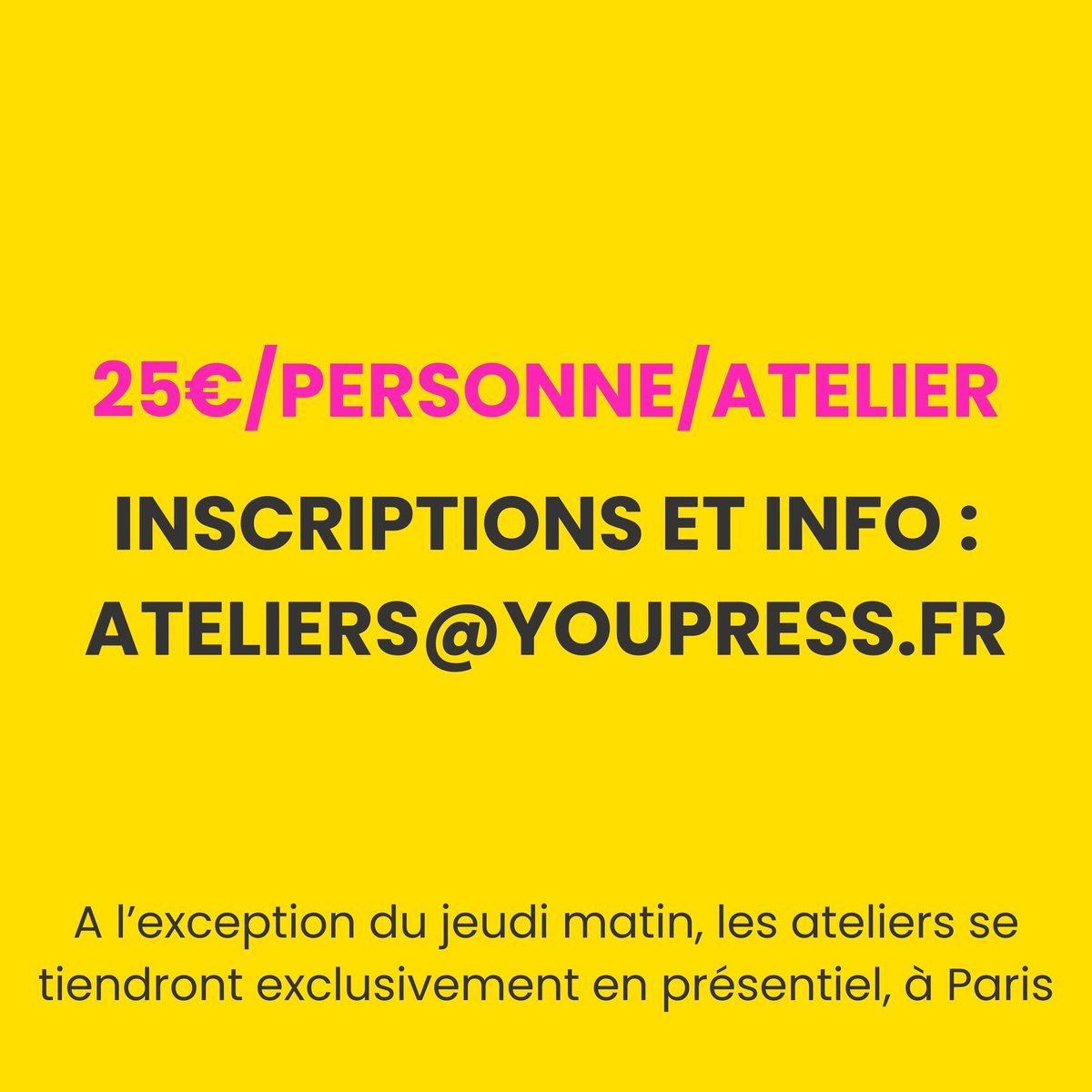 Collectif Youpress (@youpress) on Twitter photo ATELIERS
12 DÉCEMBRE
9h-12h:Débuter à la pige par <a href="/ilioneschultz/">Ilioné SCHULTZ</a> <a href="/AdeleClto/">Adèle Cailleteau</a>
14h-17h: Photojournalisme par <a href="/CDecorde/">Constance Decorde</a> <a href="/Juliette_Robert/">Juliette Robert</a>
13 DÉCEMBRE
9h-12h:Débuter à la pige <a href="/dbyoupress/">Delphine Bauer</a> @al_pineau
14-17h:Investigation <a href="/LeilaMinanO/">Leïla Miñano</a> <a href="/antoinehasday/">Antoine Hasday</a>
Inscriptions: Ateliers@youpress.fr ATELIERS
12 DÉCEMBRE
9h-12h:Débuter à la pige par <a href="/ilioneschultz/">Ilioné SCHULTZ</a> <a href="/AdeleClto/">Adèle Cailleteau</a>
14h-17h: Photojournalisme par <a href="/CDecorde/">Constance Decorde</a> <a href="/Juliette_Robert/">Juliette Robert</a>
13 DÉCEMBRE
9h-12h:Débuter à la pige <a href="/dbyoupress/">Delphine Bauer</a> @al_pineau
14-17h:Investigation <a href="/LeilaMinanO/">Leïla Miñano</a> <a href="/antoinehasday/">Antoine Hasday</a>
Inscriptions: Ateliers@youpress.fr