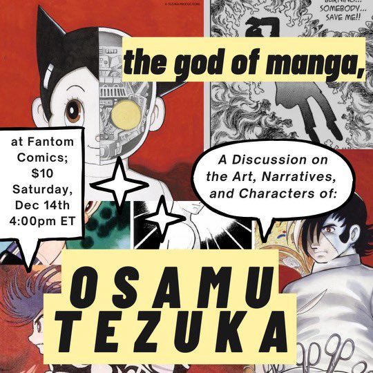 Saturday, December 14: <a href="/buppletea/">egg fiend</a> teaches a class on the art, narratives, and characters of Astro Boy creator Osamu Tezuka—known as the Godfather of Manga.
$10 tickets here: stores.comichub.com/fantom_comics/…