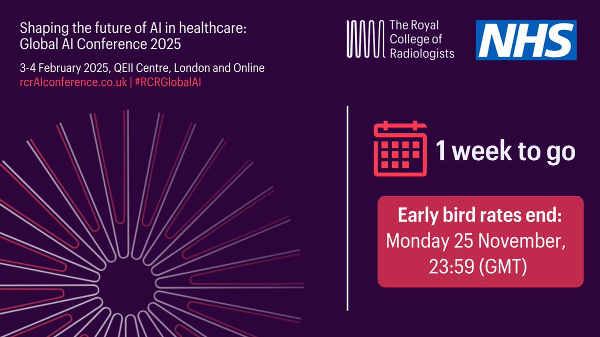#RCRGlobalAI early bird ends in just 1⃣ week.

Join us to hear from clinicians who have successfully implemented new #AI solutions into everyday clinical practice 💡

Over 700 attendees have already registered! Book your place: bit.ly/4fcg4d1