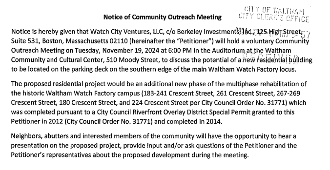 CityofWaltham's tweet photo. TOMORROW! A Community Outreach Meeting will be held at 6pm at the Community and Cultural Center Auditorium to discuss the potential of a new residential building located on the parking deck on the Southern edge of the main Waltham Watch Factory locus off Crescent Street: https://t.co/VDXH9mLXu0