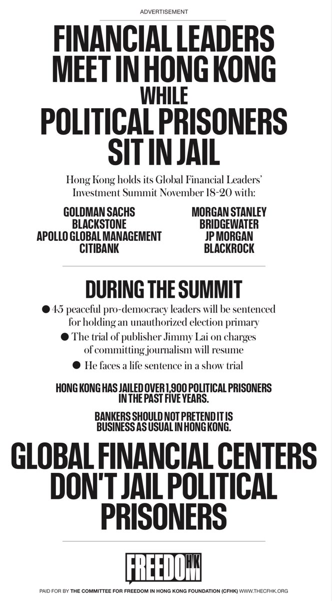 SamuelBickett's tweet photo. Full page ad in today’s New York Times from @thecfhk calling out finance executives for attending an investment conference in Hong Kong this week while 45 democratic opposition leaders are sentenced to prison and pro-democracy media mogul Jimmy Lai’s political trial resumes. https://t.co/43jebfnrcq