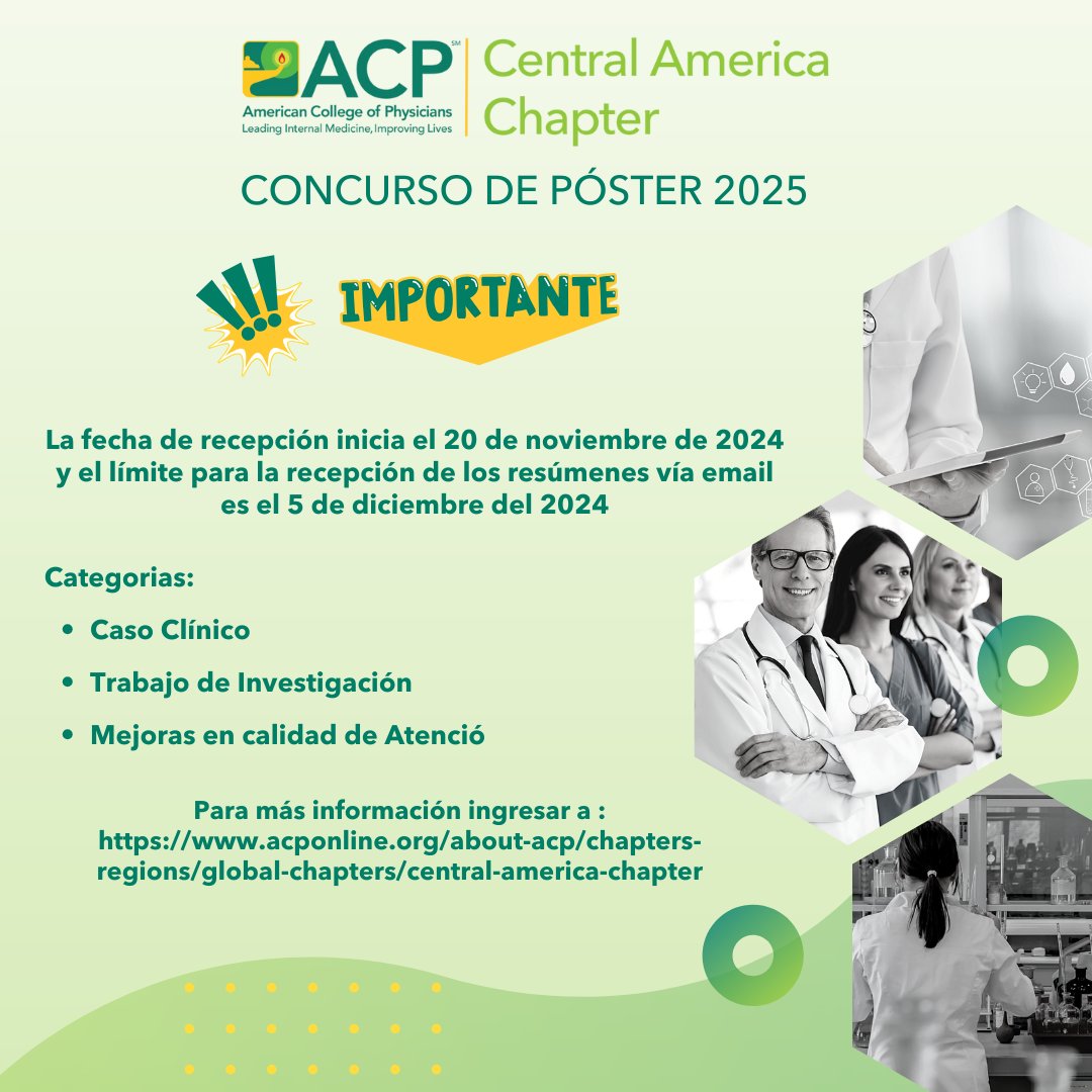 ACP_CAmerica's tweet photo. Te invitamos a participar en el Concurso de Póster 2025 del Capítulo de Centroamérica del American College of Physicians. No te pierdas esta oportunidad, ¡ingresa al enlace para más información! https://t.co/aYN5iY5I4X