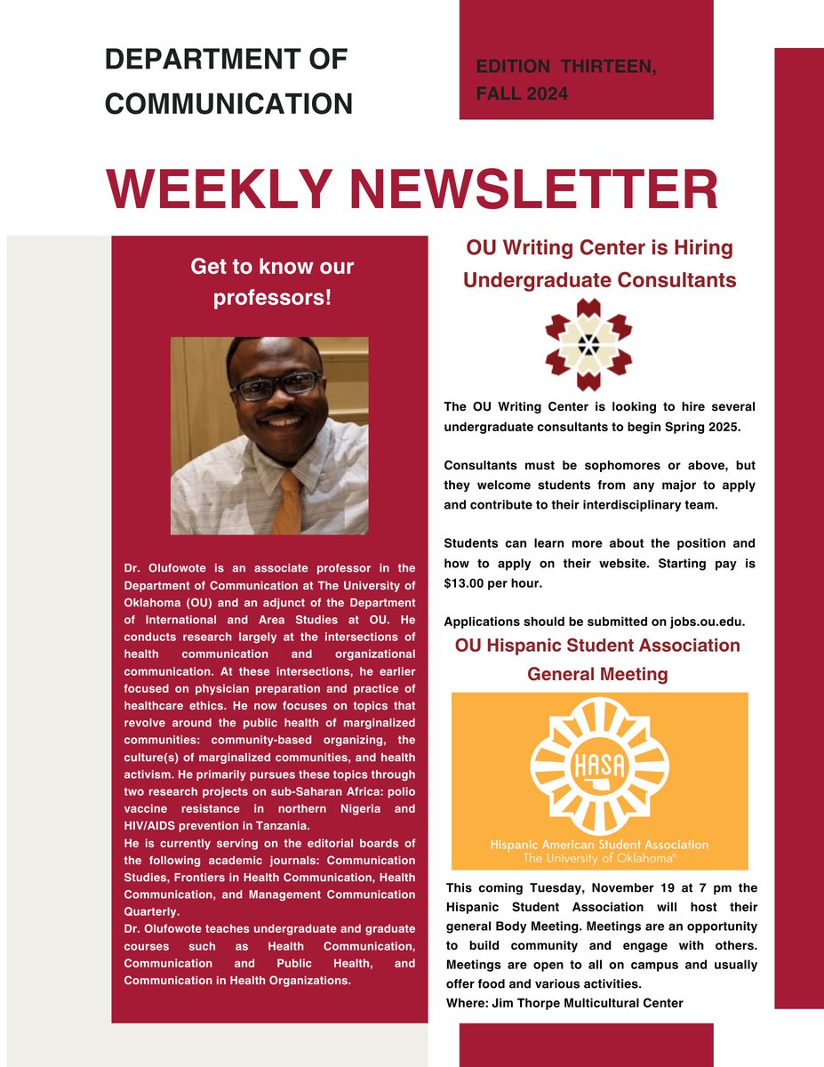 Good afternoon, here is this week's Comm Dept newsletter! We hope everyone has a great fall break before finals🍂