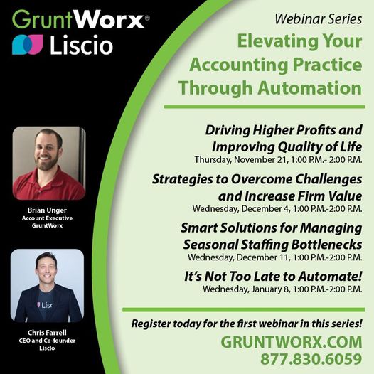 Join GruntWorx and Liscio for the first webinar in a new series, Driving Higher Profits and Improving Quality of Life, Thursday, November 21, from 1:00 P.M. to 2:00 P.M. ET. 
bigmarker.com/gruntworx/Driv…