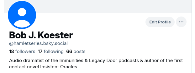 Quick note that while we're not planning to create Immunities accounts on any new social media, you can follow our creator's pictured account if you'd like to hear about any future audio dramas, audiobooks and short story readings.