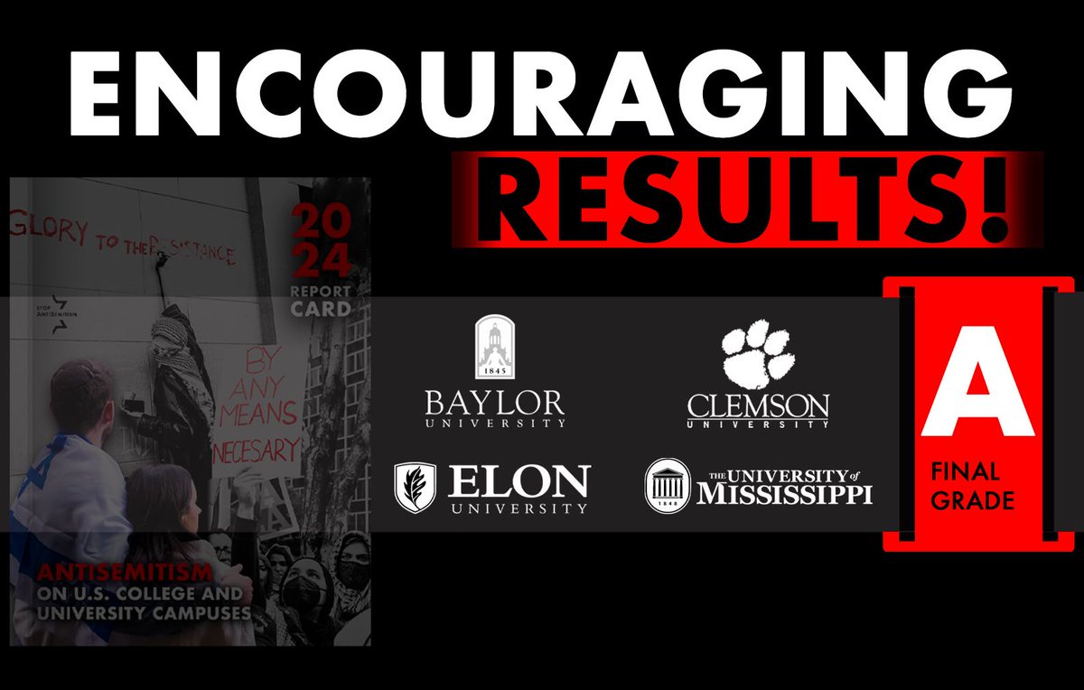 MAZEL TOV to the following Universities who received an "A" rating in our 2024 Antisemitism on U.S. College and University Campuses report.

- Baylor University 
- Clemson University  
- Elon University 
- University of Mississippi

Full report here: stopantisemitism.org/wp-content/upl…