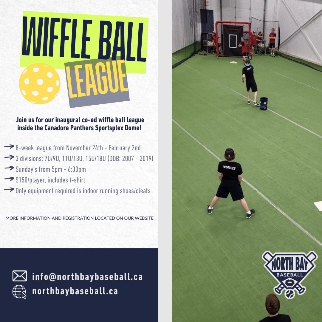 SFS_NB's tweet photo. 📢@northbaybaseball is launching their INDOOR Programming for the winter to be held in the new @canadorecollege Sportsplex Dome! Interested in either their Co-Ed Wiffle Ball League or their Indoor Skills Program? Visit https://t.co/PHCGUB284g for more info &amp; to register today! https://t.co/vktDCdTzAD