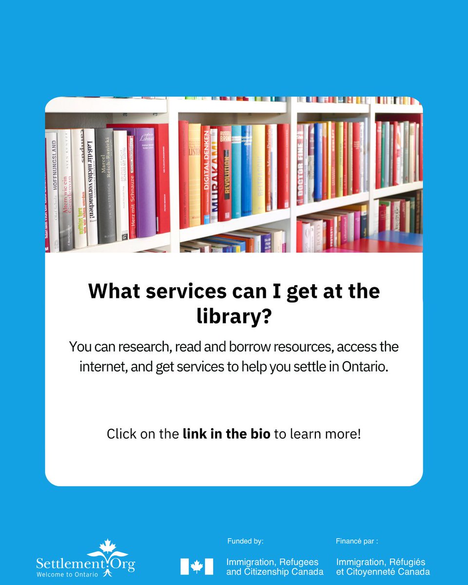 newcomeryouth's tweet photo. You can research, read and borrow resources, access the internet, and get services to help you settle in Ontario! If you live, work, or attend school in your library’s service area you can get a library card for free. Learn more: https://t.co/XcE51rcx2a https://t.co/ymWAYdOt3g