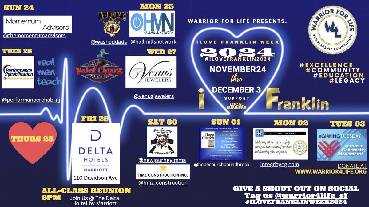 🌟 Join us for #ILoveFranklinWeek2024 and support local businesses that are helping us raise scholarship funds for Franklin students! 💪🎓 Don't miss the All-Class Reunion at the Delta Hotel on Friday, 11/29 at 6 pm. See you there!

#ILoveFranklinWeek2024

wix.to/6f5kSd5