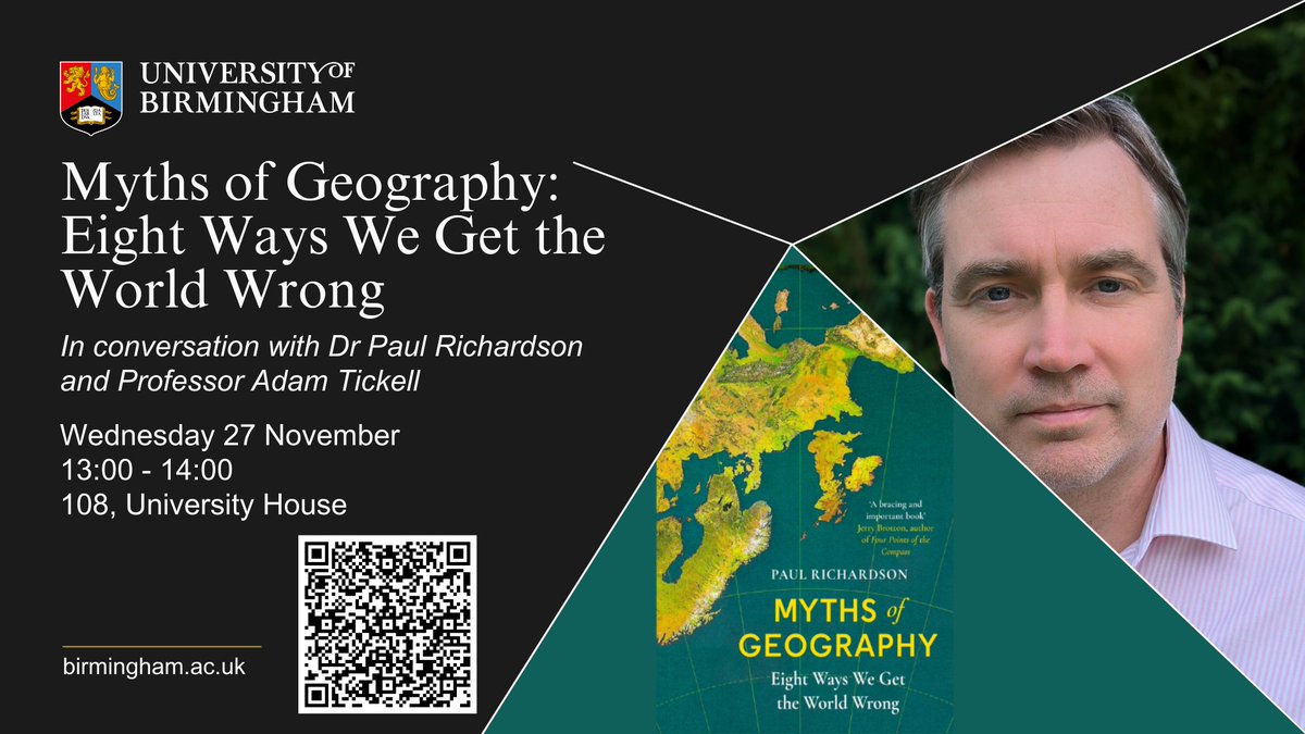 SimiaoSun's tweet image. Join Dr Paul Richardson and Professor Adam Tickell for this special event to launch Paul's new book "Myths of Geography: Eight Ways We Get the World Wrong"
Wednesday 27 November
13:00 - 14:00
Room 108, Birmingham Business School
Book your place