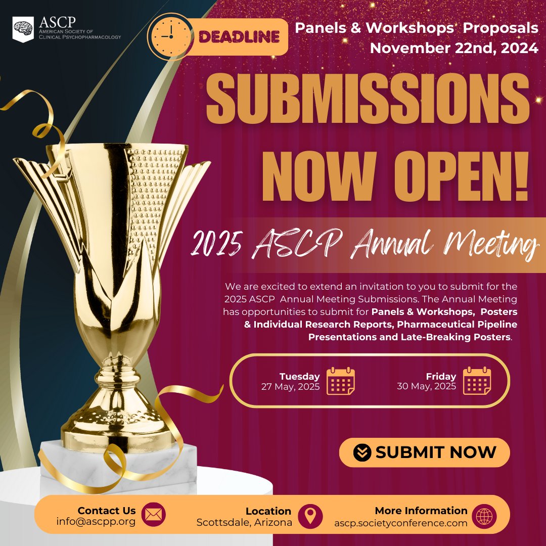 🚨 Last call for Panels &amp; Workshops by Nov 22, 2024! 🚨

Submit your proposals for the 2025 ASCP Annual Meeting today!

🔹 Panels/Workshops: Nov 22, 2024
🔹 Posters/Research Reports: Jan 29, 2025
🔹 Pharma Pipeline: Feb 20, 2025
🔹 Late-Breaking Posters: Mar 28, 2025
Submit now!