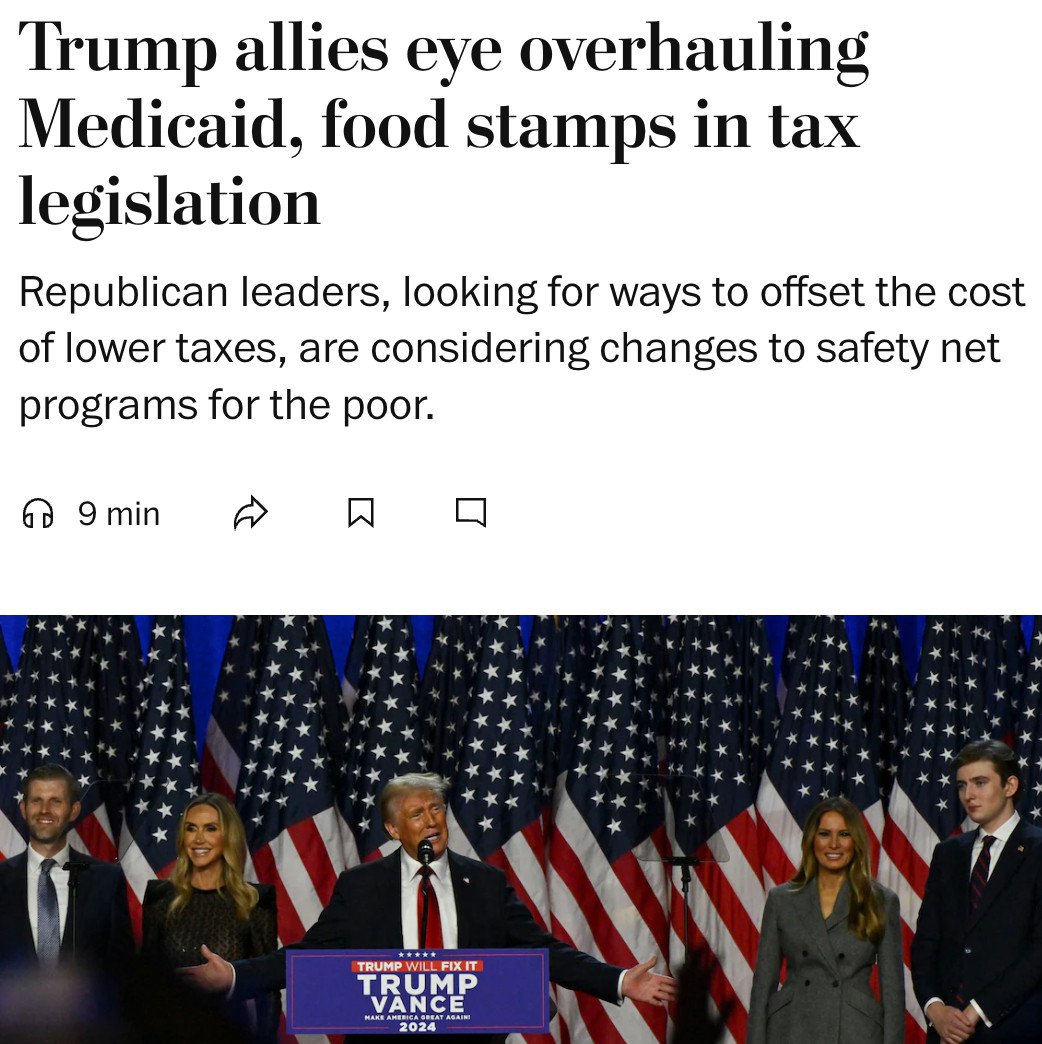 NEW: In order to offset the enormous cost for their tax cuts for the wealthy, Trump's advisers and congressional Republicans have begun preliminary discussions about making significant cuts to Medicaid, food stamps, and other federal safety net programs. wapo.st/40SuTMR