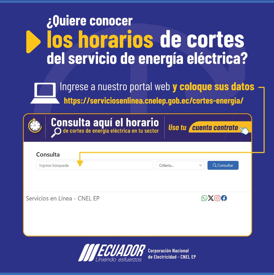 CNEL_EP's tweet photo. ¿Quiere saber el horario de los cortes de energía eléctrica de su sector? 

🕒 Ingrese su número de cédula o Cuenta Contrato en nuestro portal web y consulte la información actualizada: 📷 https://t.co/5ya7A776Y8 https://t.co/bkWtZVANPq