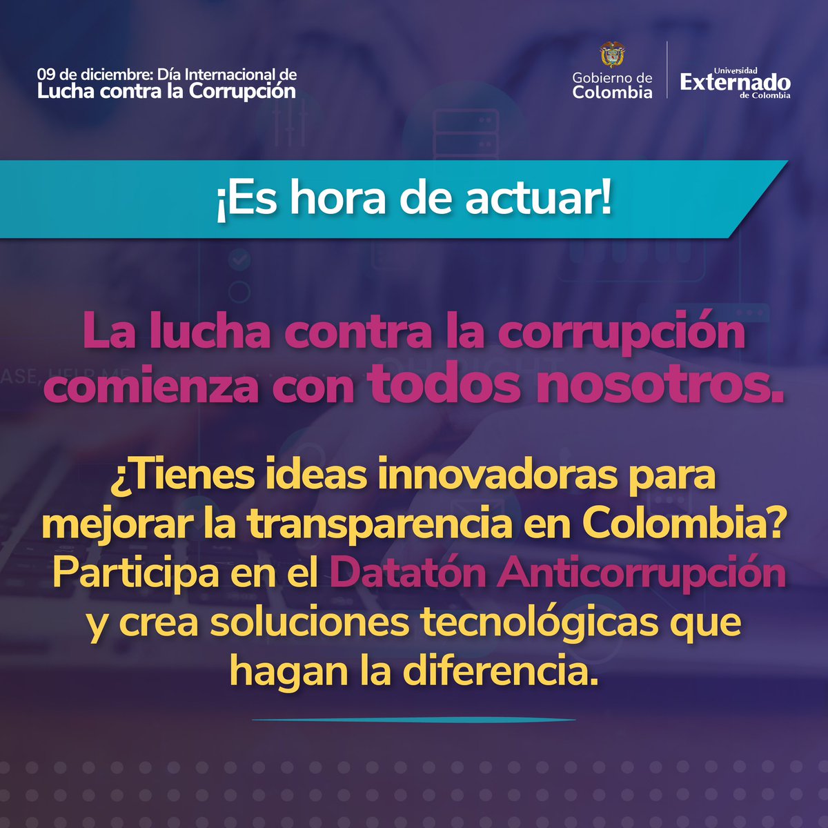 ¡Convocatoria abierta!

Forma tu equipo, elige un reto y prepárate para dar lo mejor de ti en la lucha contra la corrupción. #DatatónAnticorrupción

Inscríbete aquí 👉 uexternado.edu.co/consejerias/de…