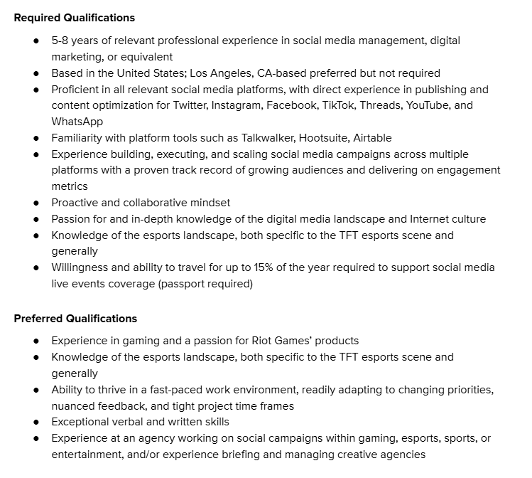 I'm hiring a Social Media Strategist to work with the team on <a href="/TFT/">Teamfight Tactics</a> Esports / <a href="/CompeteTFT/">Compete TFT</a> 

✨ 6 month contract to start / remote ok
✨ Must have hands-on experience with X, TikTok, Instagram, Facebook, YT Shorts, etc.
✨ Must know TFT

DM me your portfolio if interested!