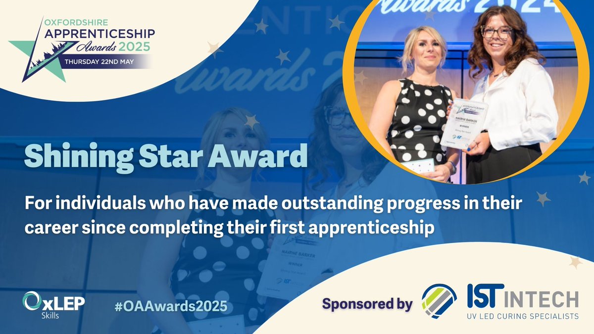 🌟 The Oxfordshire #Apprenticeship Awards will once again recognise the achievements of former #apprentices who have gone on to great things through the Shining Star Award, kindly sponsored for the 7th year in a row by <a href="/UV_LED_Curing/">IST INTECH</a> #OAAwards2025 #OAHour
oxlepskills.co.uk/istintechoaawa…