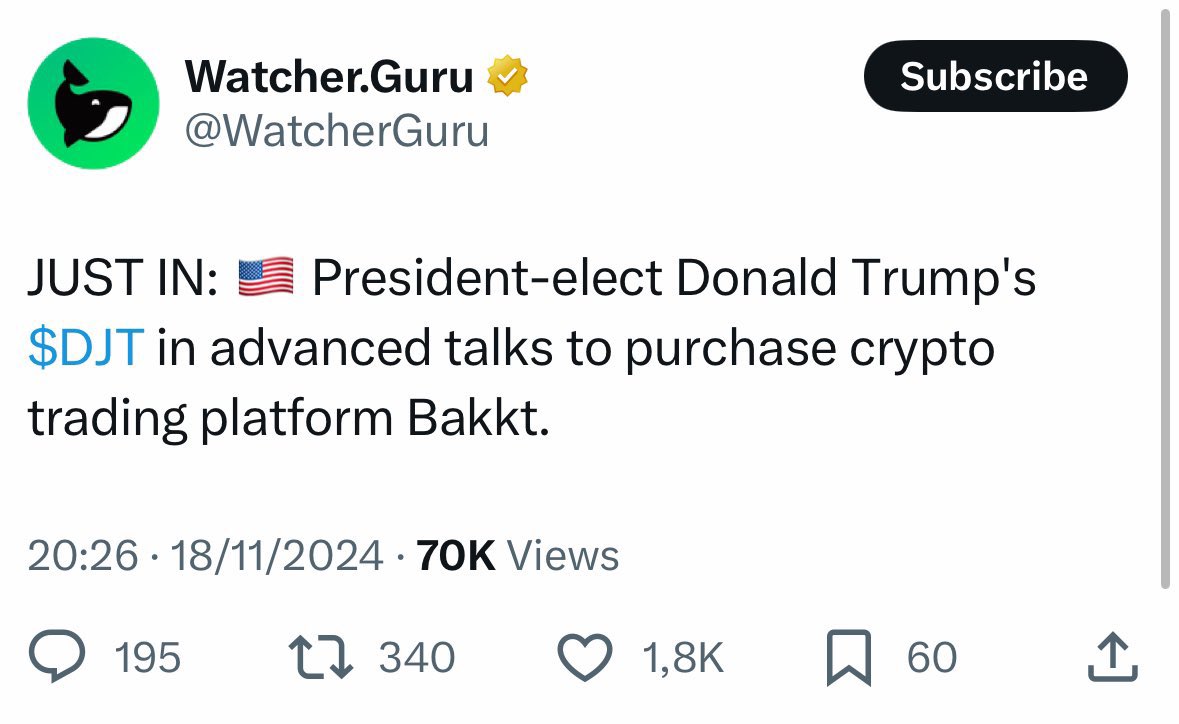 SherifDefi's tweet photo. Donald Trump is reportedly in talks to buy crypto exchange Bakkt for $100M+ 

❇️ Not just any exchange — Bakkt was built by the parent company of the NYSE.

For those who remember 2017/2018, this could send the markets flying! https://t.co/9yJRaN6dic