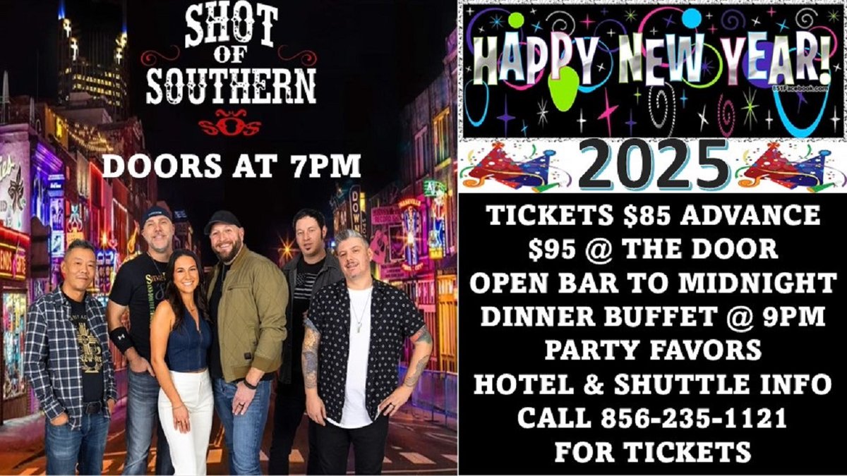 Come ring the new year in at Prospectors Steakhouse in Mt. Laurel, NJ! Making 2025 better with friends &amp; family!

Doors open at 7 pm! Live music by Shot of Southern!
Tix $85 in advance
$95 at the door
Call (856) 235-1121 to reserve your tickets

#NewYearsEve #NewYears