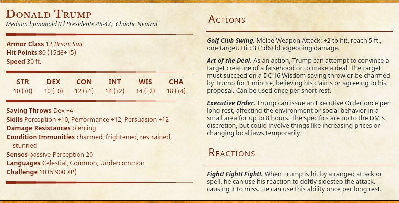 OhmsLawBadger's tweet photo. @ChristianHeiens I made a D&amp;D stat block for Donald Trump.  Let's Make D&amp;D Great Again!  #MAGA #DnD #TrumpWon https://t.co/bGS2SttL5C