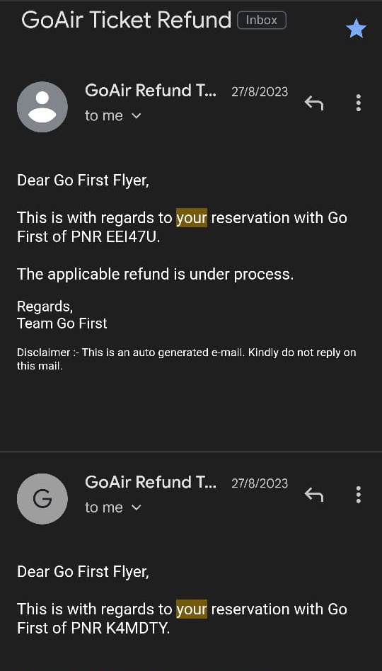 mashrujeet's tweet photo. For 15 months now, @EaseMyTrip and @GoFirstairways are on an email trail about issuing a refund to my friend for a flight cancelled by #GoFirst

Both have not issued a refund since August 2023. 

The NCLT proceeding has led to 1000s of customers suffering to get their refunds from GoFirst for more than a year now. 

EaseMyTrip has not been of any help to their customers on keeping them updated about their refunds or the NCLT proceedings.

@DGCAIndia @airsewa_MoCA @airsewa_MoCAs @RamMNK