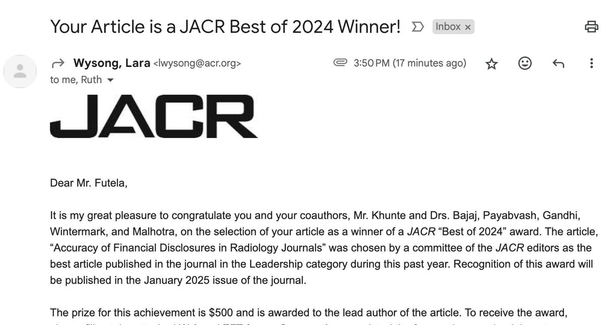 Dheeman Futela (@dheemanf04) on Twitter photo Thrilled to share - our article was selected as the winner of a <a href="/JACRJournal/">JACR</a> “Best of 2024” award, with a cash prize!
➡️jacr.org/article/S1546-…
Special thanks to my mentor <a href="/AjayMalhotraRad/">Ajay Malhotra, M.D., MMM</a>, and Congrats to the whole team!
<a href="/ruthcarlosmd/">Ruth Carlos</a> <a href="/RadiologyACR/">American College of Radiology</a>
#futureradres #Match2025 Thrilled to share - our article was selected as the winner of a <a href="/JACRJournal/">JACR</a> “Best of 2024” award, with a cash prize!
➡️jacr.org/article/S1546-…
Special thanks to my mentor <a href="/AjayMalhotraRad/">Ajay Malhotra, M.D., MMM</a>, and Congrats to the whole team!
<a href="/ruthcarlosmd/">Ruth Carlos</a> <a href="/RadiologyACR/">American College of Radiology</a>
#futureradres #Match2025