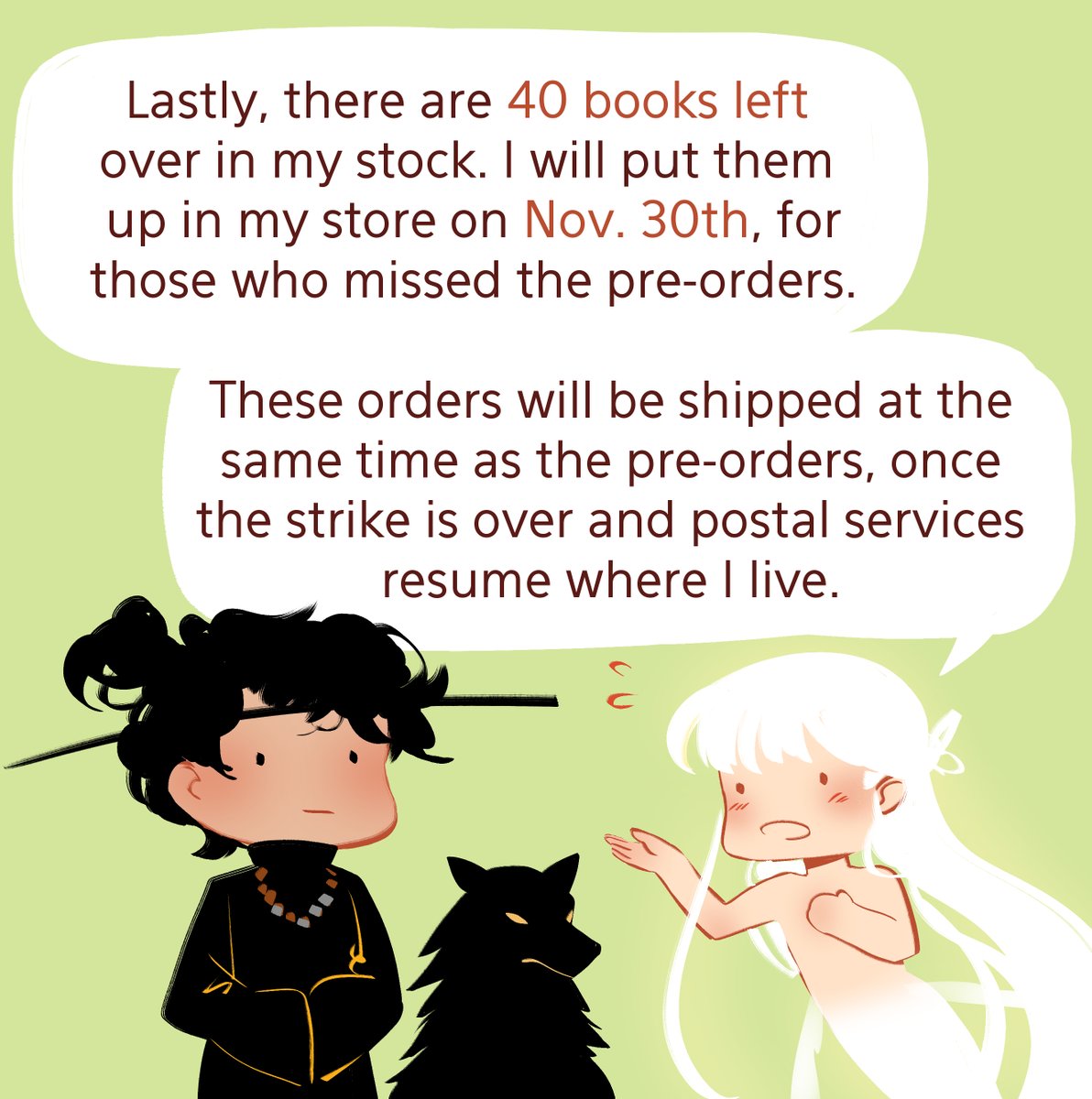 an update for people who pre-ordered The Reaper and The Waiting from my store in August, and for anyone who missed it!

Thank you for your patience! 

Store link: https://t.co/pAfSs507U6 