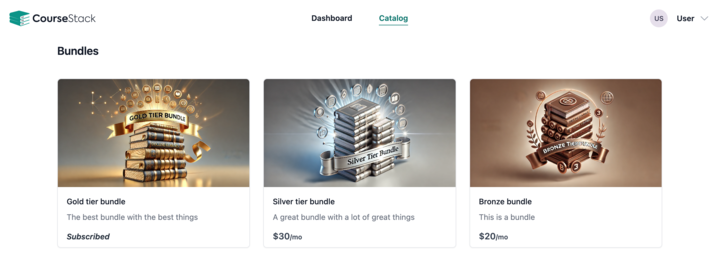 getCourseStack's tweet photo. Introducing Course Bundles & Subscriptions!

Creators can now bundle courses for both one-time purchase and subscription access. 

We're excited to make this table stakes e-commerce functionality available on the platform!