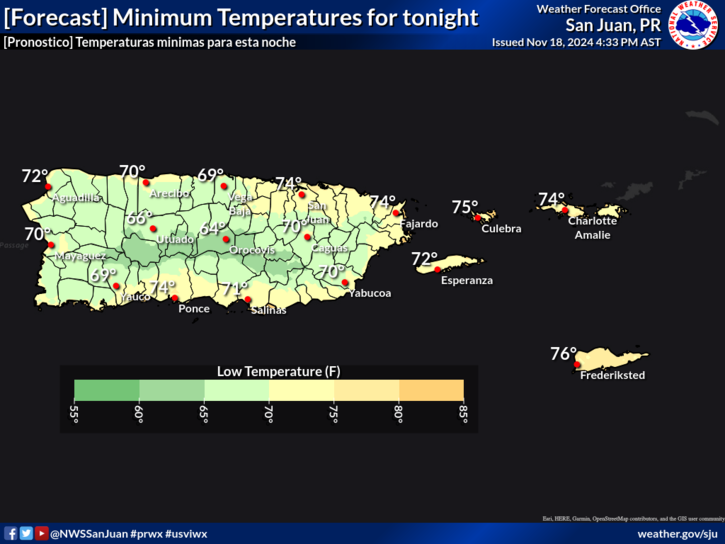 NWSSanJuan's tweet photo. [NOV 18, 2024]

Llego el friiiiíto Navideño!🏂🏻
Esta noche tendremos temperaturas mínimas más frescas en las islas.

The friiiiíto Navideño is here! 🤗
Tonight, the islands can expect much cooler temperatures.

#prwx #usviwx https://t.co/RzMROh5Qjm