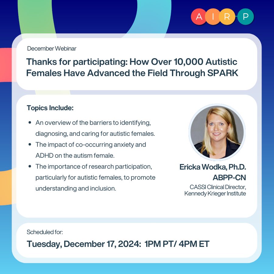 AIR-P Network (@airpnetwork) on Twitter photo 🔬 Join us Dec 17 as Dr. Ericka Wodka shares insights from 10,000+ autistic females in the SPARK study!
We'll explore:
• Why girls receive later autism diagnoses
• Impacts of co-occurring conditions
📅 Dec 17
⏰ 1PM PT/4PM ET
Register: shorturl.at/SQyLG 🔬 Join us Dec 17 as Dr. Ericka Wodka shares insights from 10,000+ autistic females in the SPARK study!
We'll explore:
• Why girls receive later autism diagnoses
• Impacts of co-occurring conditions
📅 Dec 17
⏰ 1PM PT/4PM ET
Register: shorturl.at/SQyLG