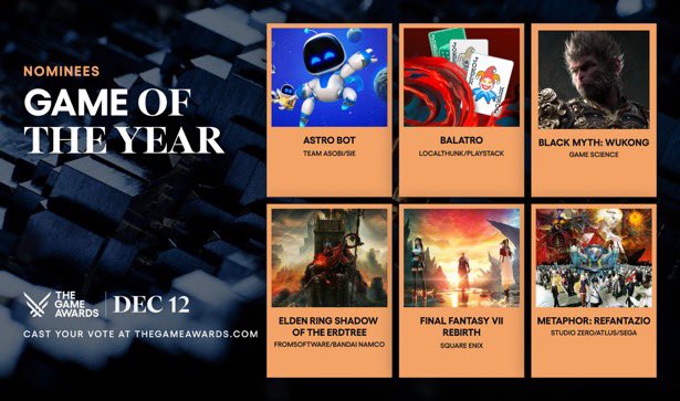 MistakeKun's tweet photo. GOTY nominees for The Game Awards

-Astro Bot
-Balatro
-Black Myth Wukong
-Elden Ring Shadow of the Erdtree
-Final Fantasy VII Rebirth
-Metaphor: ReFantazio

Vote: https://t.co/0ZCinJUQgH https://t.co/O4DERvvr5d