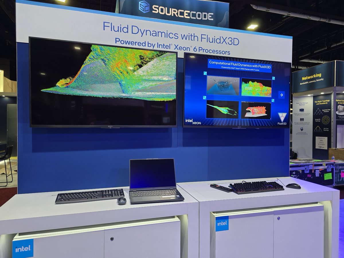 intelnews's tweet photo. Computational fluid dynamics like never seen before, all on a single node. 💪

From massive jet simulations to intricate raindrop dynamics, Xeon 6 with P-cores redefine HPC limits, supporting OpenCL and AVX-512 workloads with efficiency and speed. #SC24 https://t.co/AGk5hGnrkR
