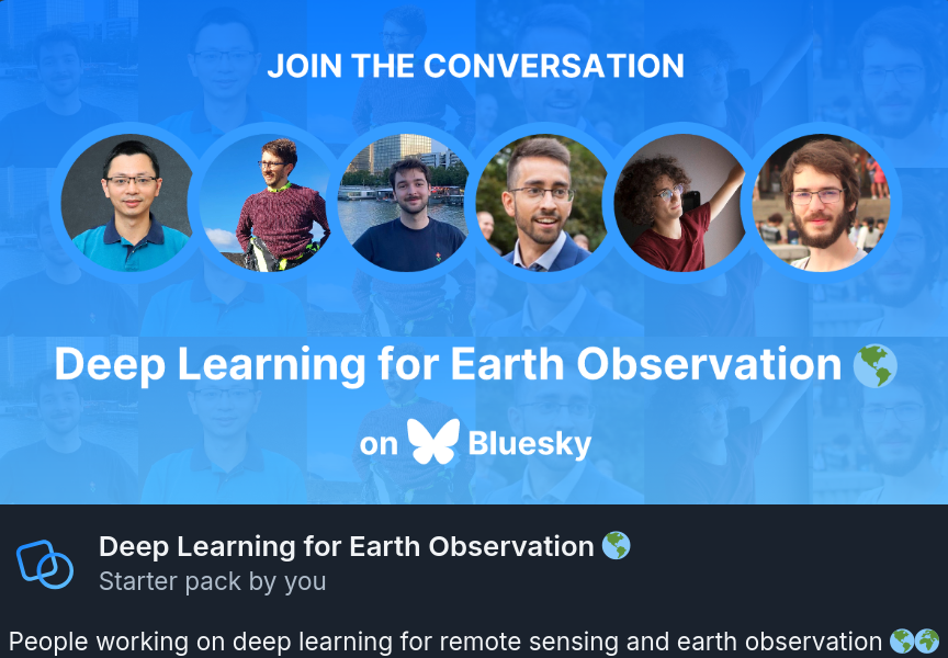 _lebellig's tweet photo. Do you work on Deep Learning for remote-sensing or Earth Observation (SSL, generative models, foundation models...) and want to move to the other place 🦋?

I've initiated a pack with researchers in the field so we can find each other again! https://t.co/gs2RWBNnMV https://t.co/7j5jnXxABk