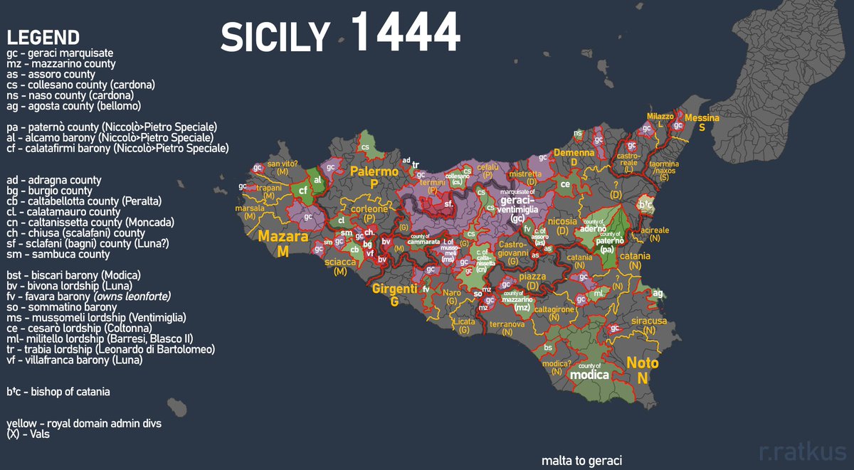 RRatkus's tweet image. a small research map - sicily in 1444, just to figure the counties and whatnot that were there
