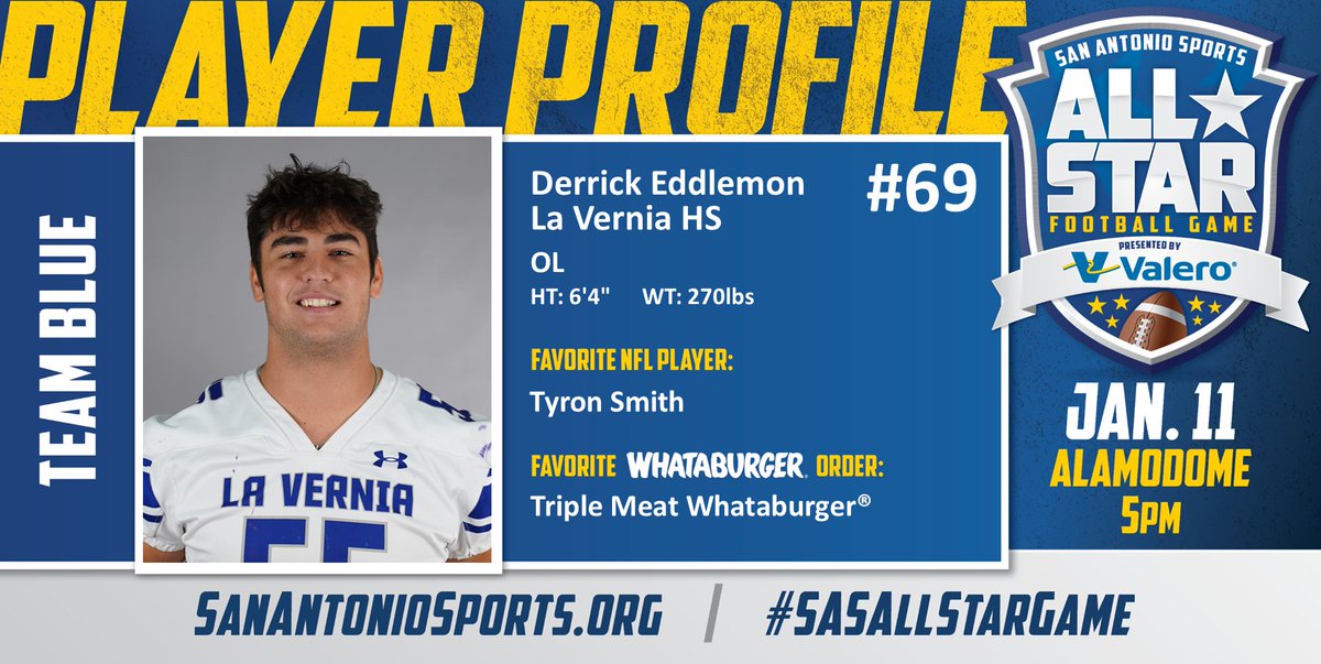 San Antonio Sports (@sa_sports) on Twitter photo Meet @derickEddlemon from <a href="/LaVerniaISD/">La Vernia ISD</a>
who will compete in the San Antonio Sports All-Star Football Game pres. by <a href="/ValeroEnergy/">Valero</a>
at the Alamodome on Jan. 11! #SASAllStarGame
<a href="/Whataburger/">Whataburger®</a> <a href="/TyronSmith77/">THE PRO7EC7OR</a> Meet @derickEddlemon from <a href="/LaVerniaISD/">La Vernia ISD</a>
who will compete in the San Antonio Sports All-Star Football Game pres. by <a href="/ValeroEnergy/">Valero</a>
at the Alamodome on Jan. 11! #SASAllStarGame
<a href="/Whataburger/">Whataburger®</a> <a href="/TyronSmith77/">THE PRO7EC7OR</a>