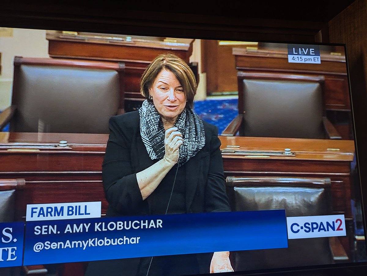 leftcoastbabe's tweet photo. Amy Klobuchar talking on Senate floor about need to pass the Farm Bill, which contains more than 100 bipartisan provisions.

And to pass it now.

Amy doesn't say it
But ..
who knows if President elect will allow any bipartisan bills. We saw what he did to  border bill https://t.co/ay3J1icMyi