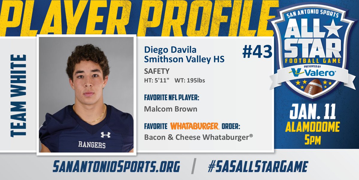 SA_Sports's tweet photo. Meet @davila_diego4 from @SmithsonValley 
who will compete in the San Antonio Sports All-Star Football Game pres. by @ValeroEnergy
at the Alamodome on Jan. 11! #SASAllStarGame
@Whataburger @malcolmbrown912 

@cisdnews 
@SV_RangerFB 
@SV_Rangers https://t.co/Bktdcw0FBa