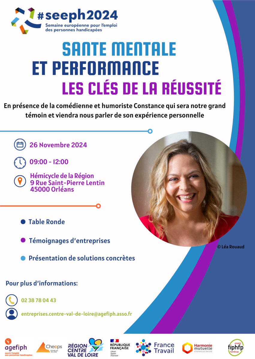 Le 26 novembre au conseil régional <a href="/RCValdeLoire/">Région Centre-Val de Loire</a> à Orléans, on parlera santé mentale et performance avec 
 <a href="/ConstancePro/">Constance</a> pour briser la glace, et Thomas Legrand <a href="/lofejoma/">thomas legrand</a> pour animer les débats #seeph2024 <a href="/Devup_/">Dev'up</a>. @jp_gille <a href="/davidjacquet45/">David JACQUET</a> Faites passer ⤵️ fiphfp.fr/actualites-et-…