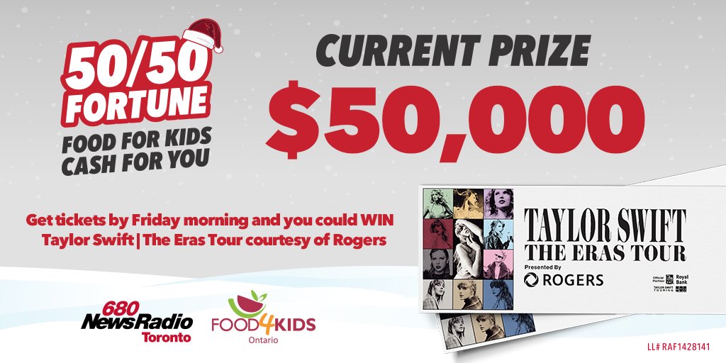 JUST LAUNCHED! 680 NewsRadio's 50/50 Fortune in support of <a href="/Food4kidsONT/">Food4Kids Ontario</a>. We're starting with a guaranteed 50,000 prize! Plus you could win two tickets to Taylor Swift | The Eras Tour thanks to <a href="/Rogers/">Rogers</a>. Ticket packages start at $10 here: bit.ly/680Food4Kids50…