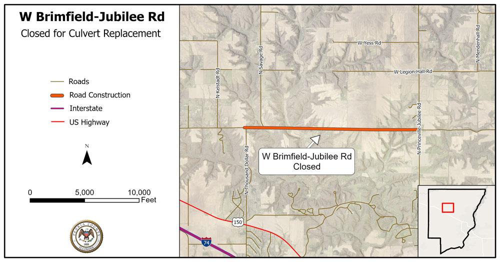 peoriacounty's tweet photo. 🚧 West Brimfield-Jubilee Road will be closed to traffic between Princeville Jubilee Road and Thousand Dollar Road on Wednesday, November 20 from approximately 8 a.m.-3 p.m. The Peoria County Highway Department will be replacing a crossroad drainage culvert. https://t.co/oh5TZCWBF3