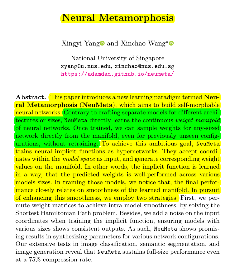 rohanpaul_ai's tweet photo. One neural network learns to generate all possible neural networks through weight manifold magic, as proposed in this paper

Learning a single continuous space of neural networks lets us morph between architectures effortlessly.

NeuMeta teaches neural networks to shapeshift, generating optimal weights for any network size on demand

Original Problem 🔍:

Neural networks are typically static and inflexible once trained, requiring separate models for different architectures or sizes. This limits adaptability and increases resource costs.

-----

Solution in this Paper 🧠:

• Neural Metamorphosis (NeuMeta) learns a continuous weight manifold for neural networks

• Uses Implicit Neural Representation (INR) as hypernetworks to generate weights

• Employs weight matrix permutation for intra-model smoothness

• Adds input noise for cross-model smoothness

• Optimizes INR with task-specific, reconstruction, and regularization losses

-----

Key Insights from this Paper 💡:

• NeuMeta enables dynamic network resizing without retraining

• Smoothness of weight manifold is crucial for performance

• Implicit knowledge distillation occurs across different model sizes

• NeuMeta generalizes to unseen network configurations

-----

Results 📊:

• Outperforms pruning methods and flexible models across various tasks

• Maintains full-size model performance at 75% compression rate

• Generalizes to network sizes outside training range

• Reduces storage and training costs for multiple model variants

• Demonstrates superior performance in image classification, segmentation, and generation tasks