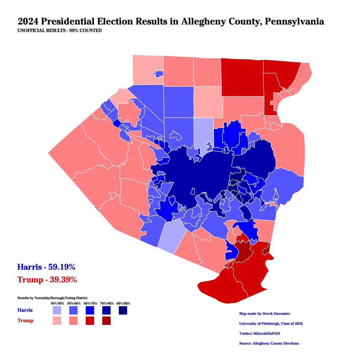DerekHinPGH's tweet image. Behold - the 2024 United States Presidential Election in Allegheny County, Pennsylvania.

Allegheny County was the only county in Pennsylvania to not swing heavily to the right in the election. 🧵