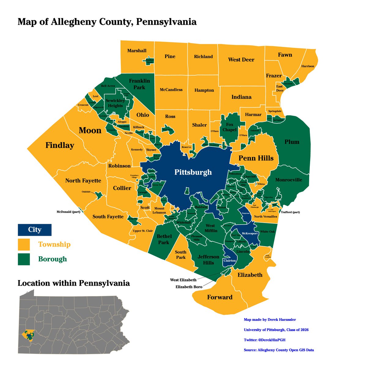 DerekHinPGH's tweet image. If you're unfamiliar with the area, let's run it back real quick. I made a a map of it this summer.

Allegheny County is the most populous county in SW Pennsylvania, home to ~1.225 million Yinzers. It houses 130 municipalities total + a lot of hills. Lots of them. ⛰️⛰️⛰️⛰️